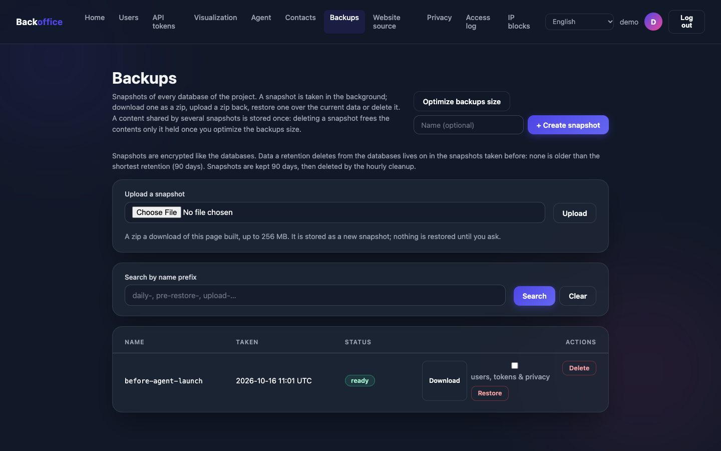The backups page of the backoffice