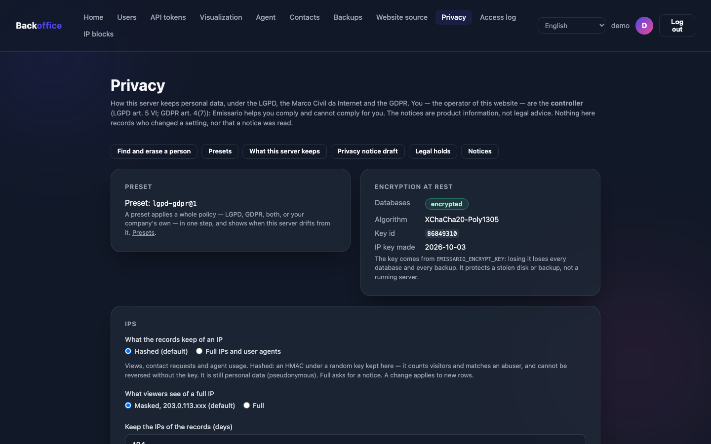 The privacy page of the backoffice