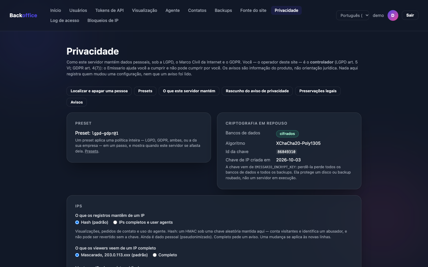 A página de privacidade do painel